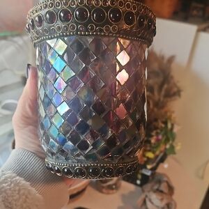 Partylite Iridescent Purple Mosaic Glass Candle Holder with Decorative Trim 5.5"